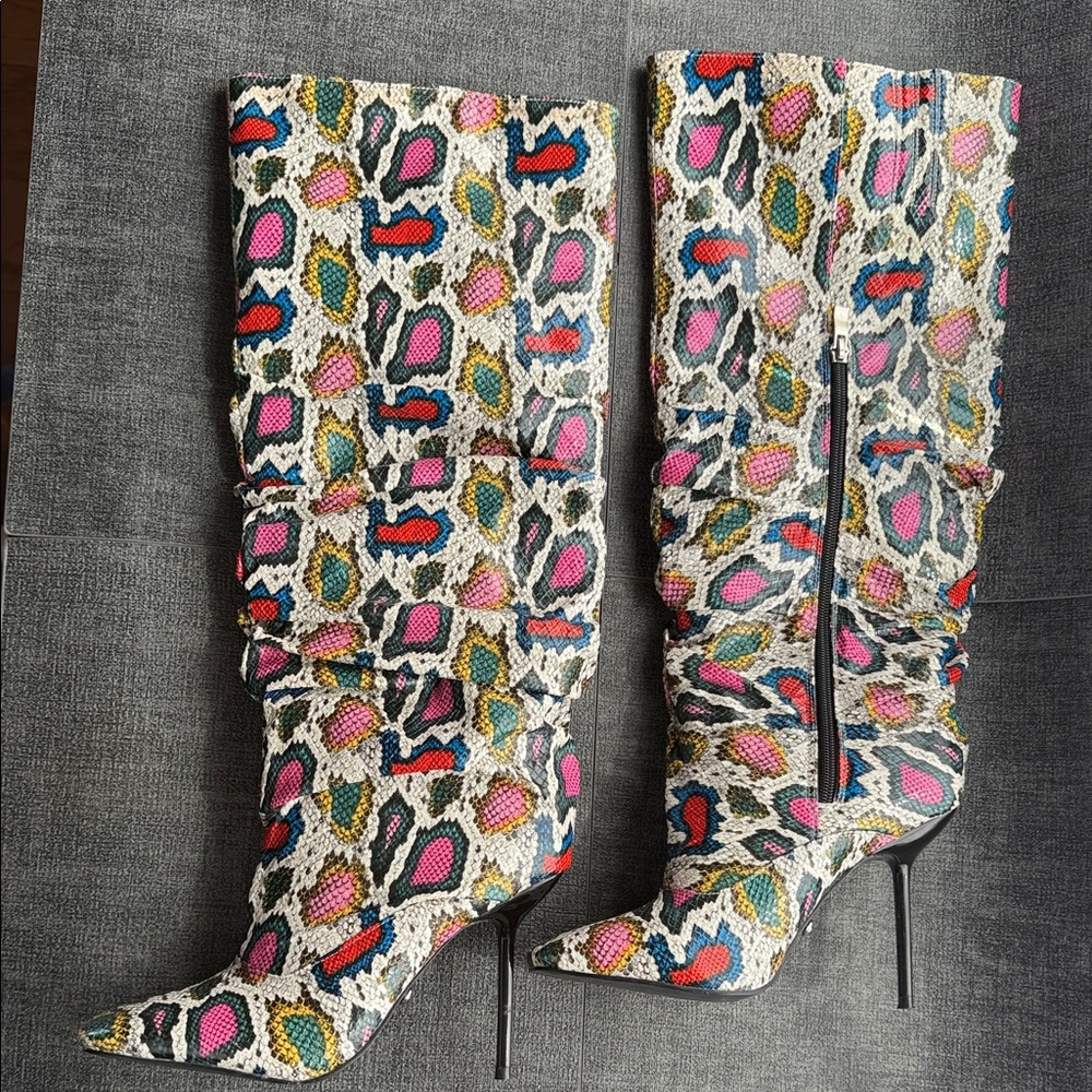 Azalea Wang -Colorful Snakeskin Print - Knee-High Stiletto Heel Boots - Size 7